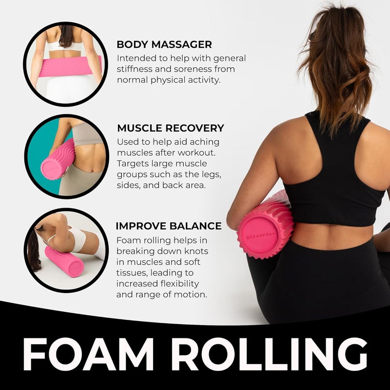 Oceanfoam Tidal Roller - Hot Pink - Muscle Massage Foam Roller for Back Pain & Stretching - Firm and Ergonomic Wide Wave Textured - Yoga, Athletics, & Wellness - Full Size, 20" x 5" - Image 4